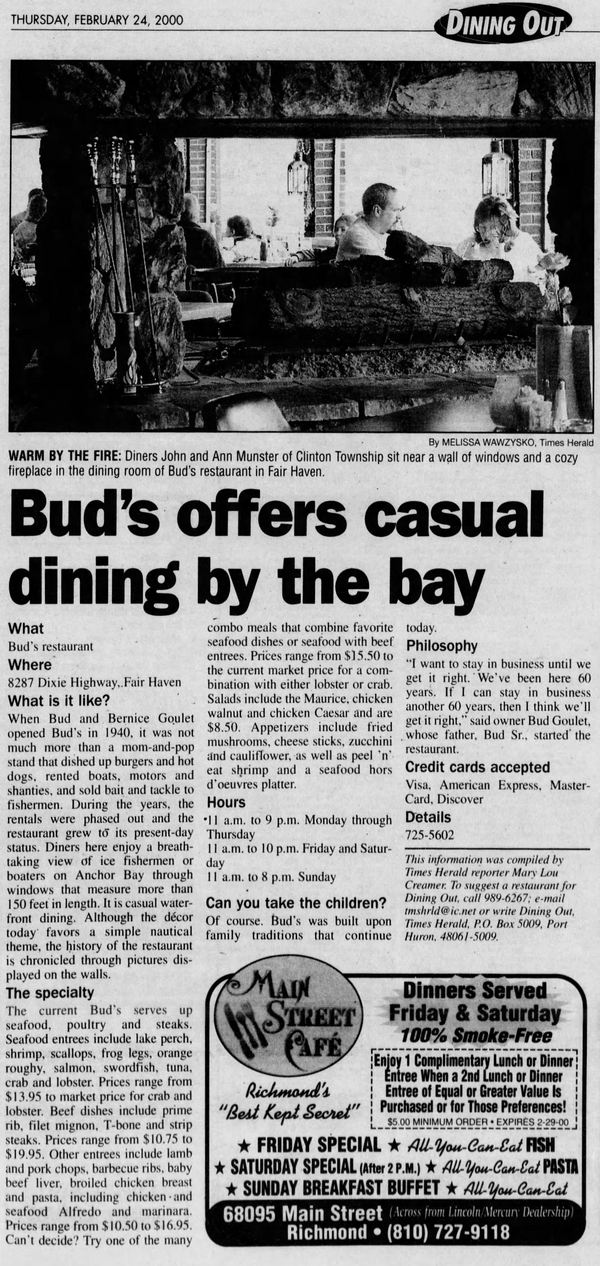 Bobby Macs Bayside Tavern & Grill (Buds Restaurant) - Feb 24 2000 Article